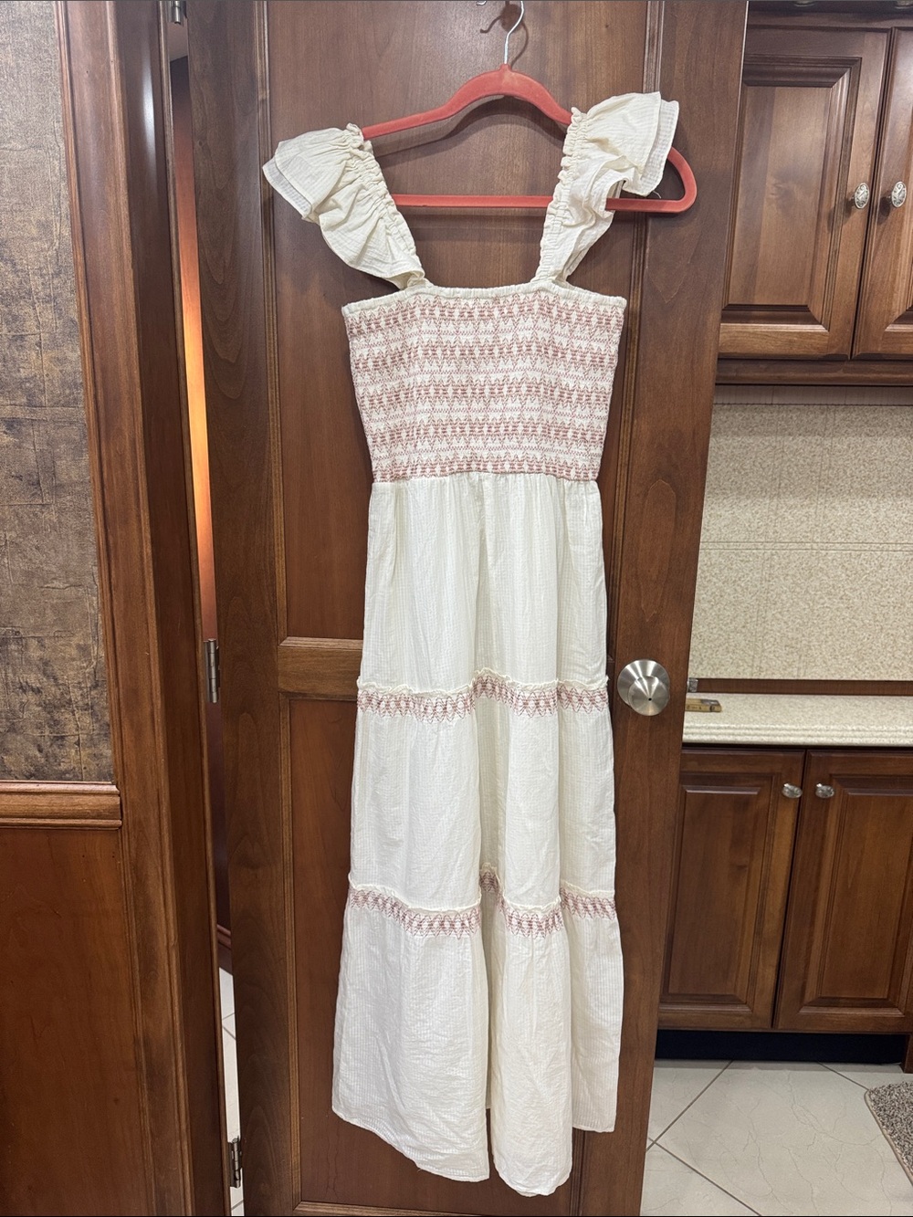 OffWhite Dress with Pink  & green Smocked Bodice and Ruffle Straps NWT
